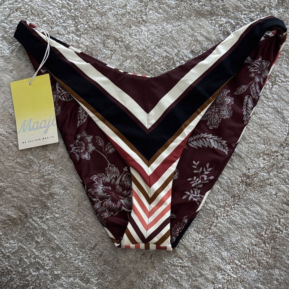 NWT Maaji Striped Burgundy Floral Bikini Bottom